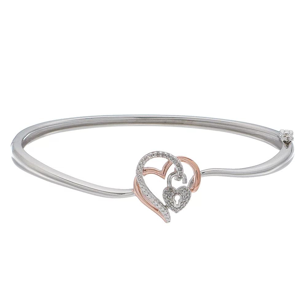 Two Tone Sterling Silver 1/10 Carat T.W. Diamond Heart & Lock Bracelet, Women's Product Image