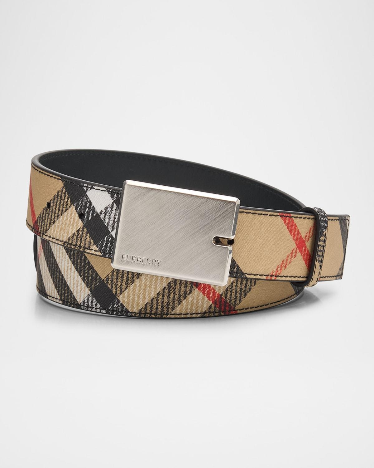 Mens Check Canvas and Leather B-Cut Buckle Belt Product Image