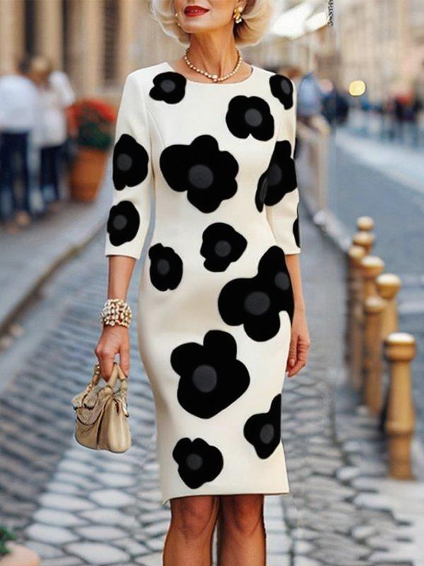 Three-Quarter Sleeves Flower Print Round-Neck Midi Dresses Product Image