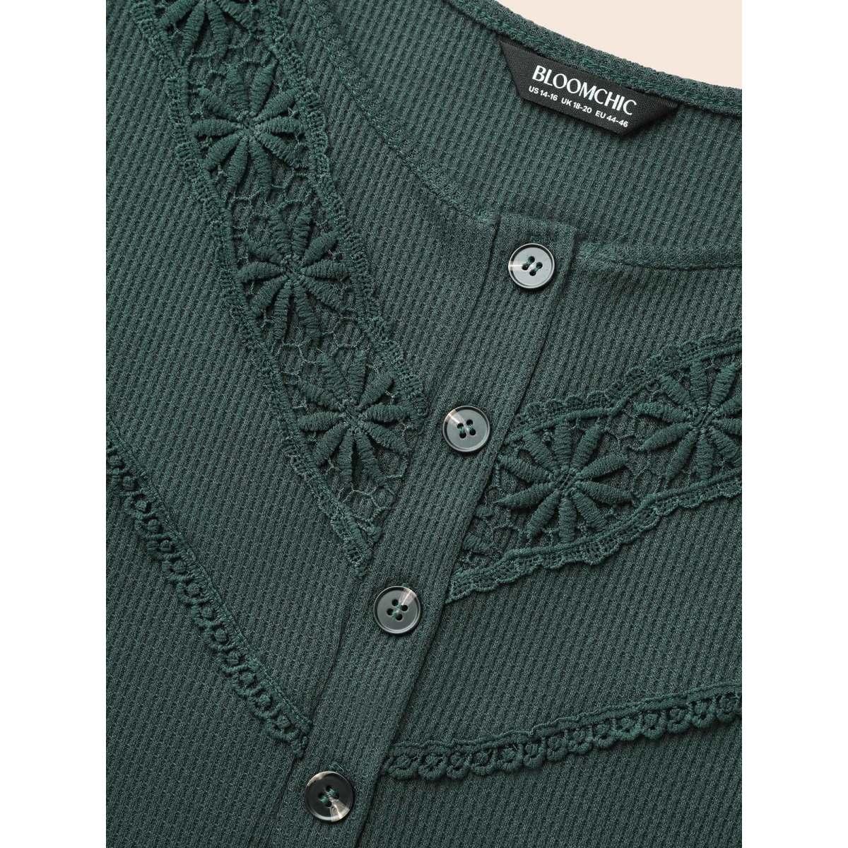 Plus Size Solid Waffle Knit Lace Trim T-shirt DarkGreen Women Casual Woven ribbon&lace trim Round Neck Everyday T-shirts BloomChic 14-16/1X Product Image