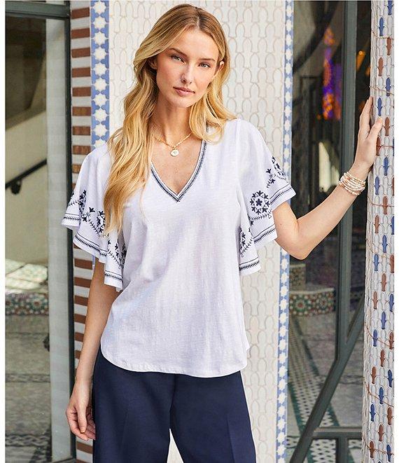 Karen Kane Organic Cotton Embroidered Flutter Sleeve Top Product Image