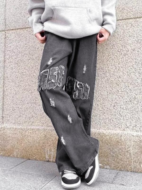 Men's Vintage Raw Trim Ripped Zip Up Loose Jeans Product Image