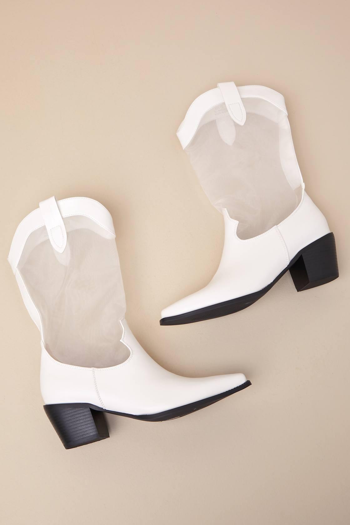 Wyley White Sheer Mesh Mid-Calf Western Boots Product Image