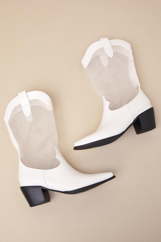 Wyley White Sheer Mesh Mid-Calf Western Boots Product Image