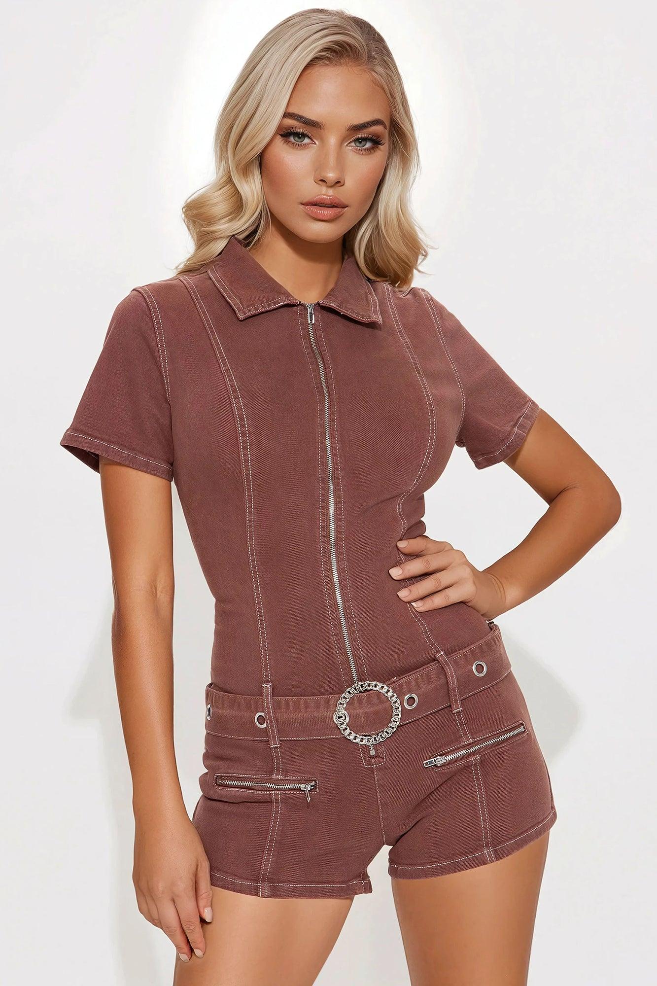 Baddie Attitude Denim Romper - Chocolate Product Image