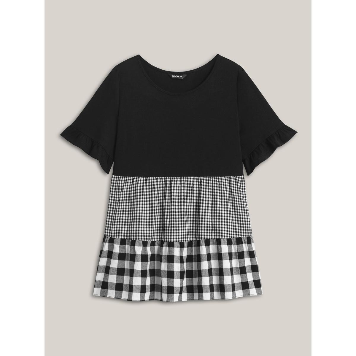 Plus Size Mixed Print Round Neck Doll T-Shirt Black Women Gathered Round Neck Everyday-Casual T-shirts BloomChic 12/L Product Image