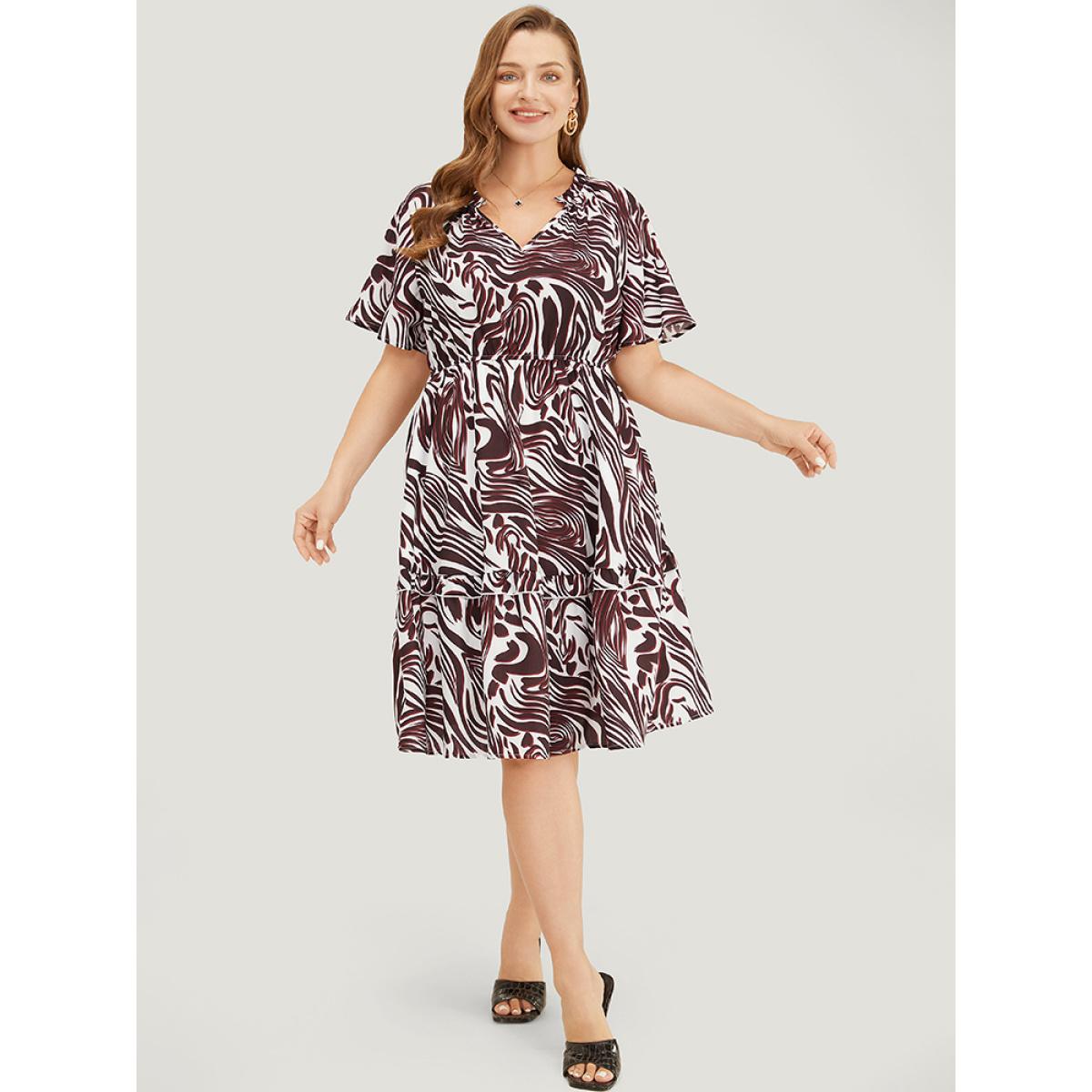 Plus Size Zebra Print Frill Trim Pocket Ruffle Sleeve Dress Multicolor Women Elegant Contrast V-neck Short sleeve Curvy Knee Dress BloomChic 18-20/2X Product Image