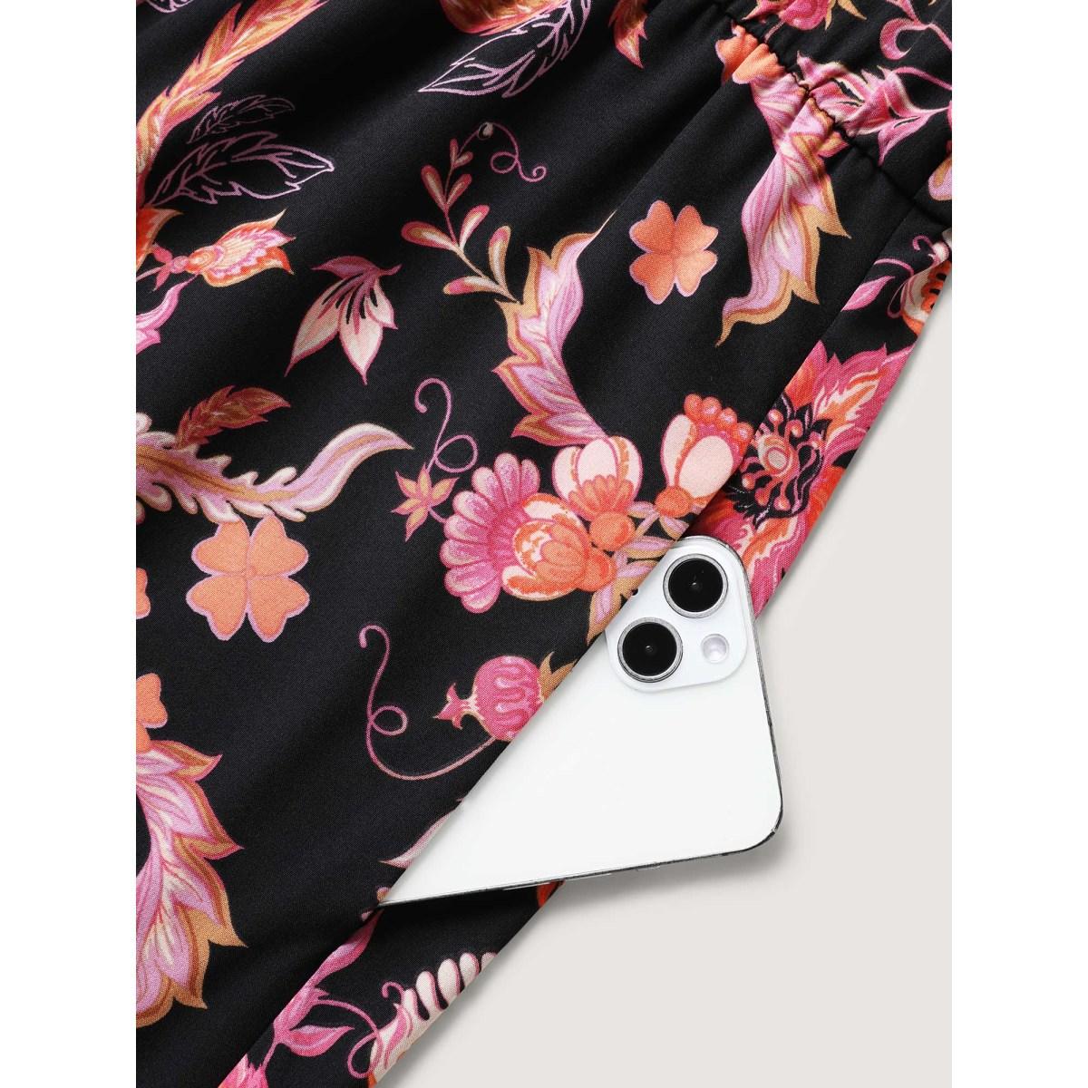 Plus Size Black Floral Print Square Neck Pockets Jumpsuit Women Boho Short sleeve Heart neckline Vacation Loose Jumpsuits BloomChic 18-20/2X Product Image