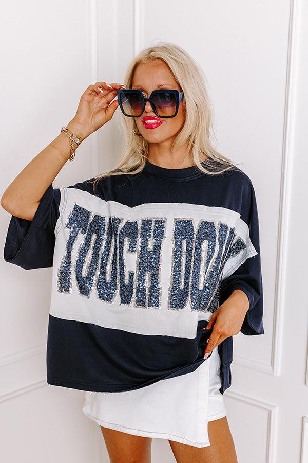 It's a Touch Down Sequin Oversized Tee in Navy/White Product Image