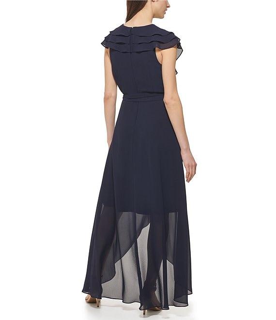 Jessica Howard Chiffon V-Neck Short Sleeve Ruffle Wrap Dress Product Image
