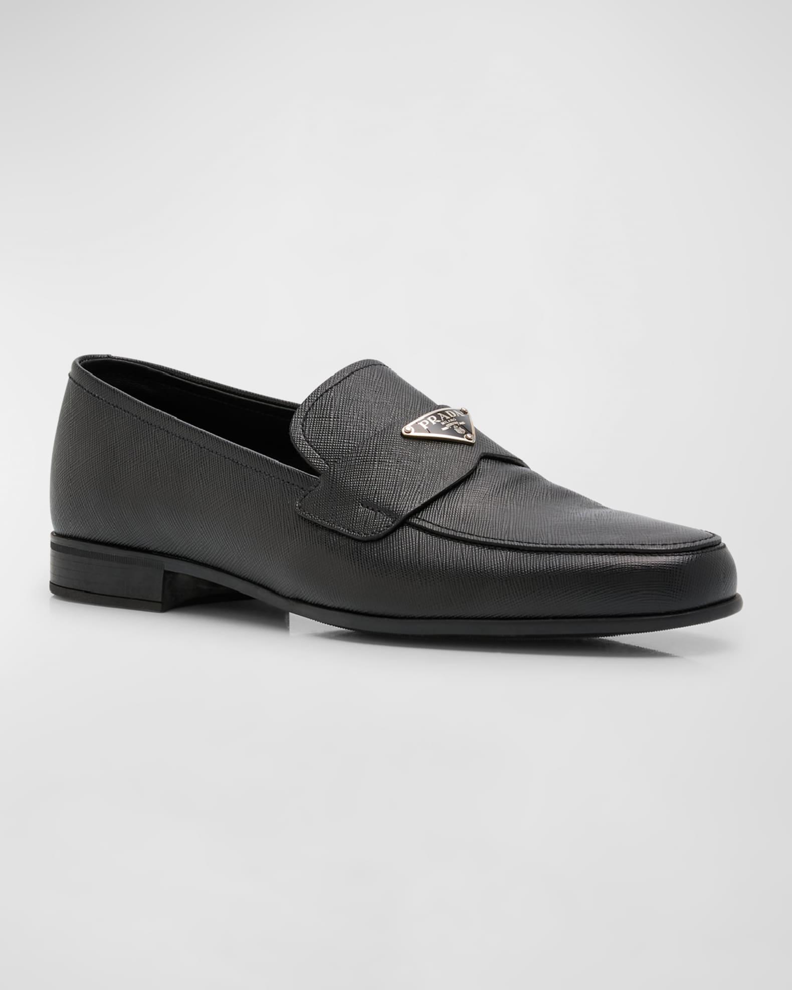 Men's Triangle Logo Saffiano Leather Loafers Product Image