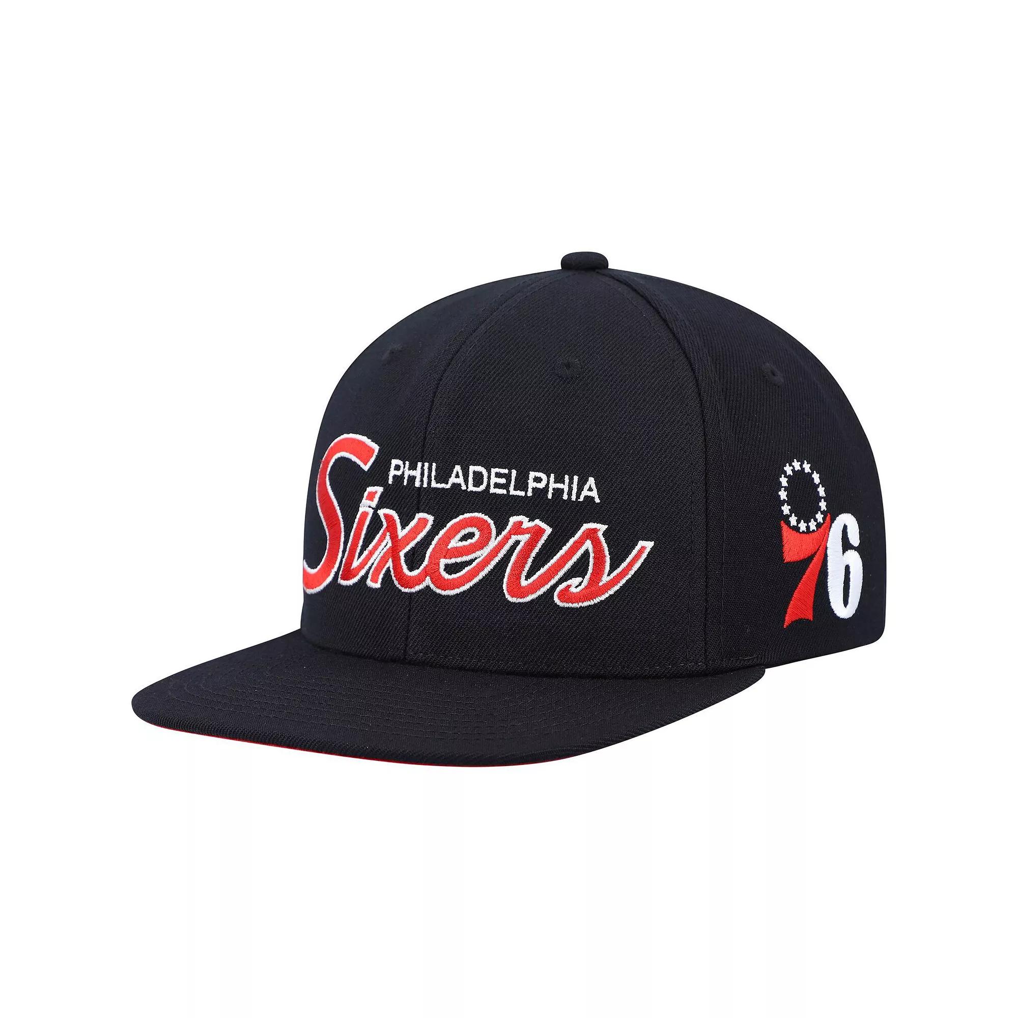 Men's Mitchell & Ness Black Philadelphia 76ers Hardwood Classics Script 2.0 Snapback Hat, 76r Black Product Image