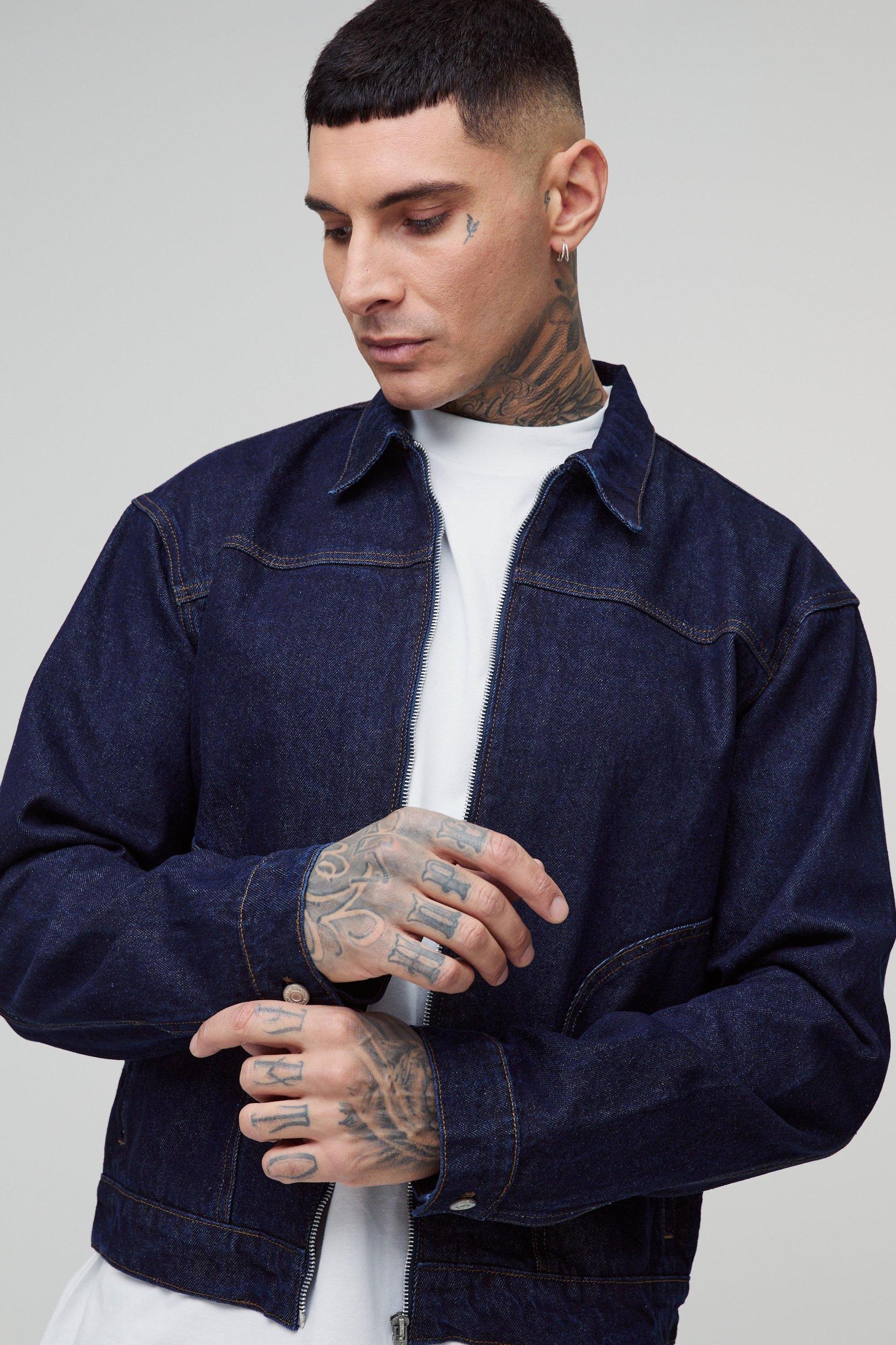 Tall Boxy Contrast Stitch Jean Jacket | boohooMAN USA Product Image