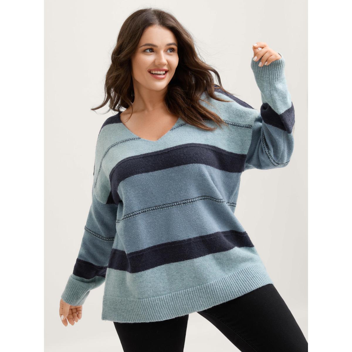 Plus Size Striped Print Color Contrast Pullover Stone Women Leisure Loose Long Sleeve V-neck Casual Pullovers BloomChic 26/4X Product Image