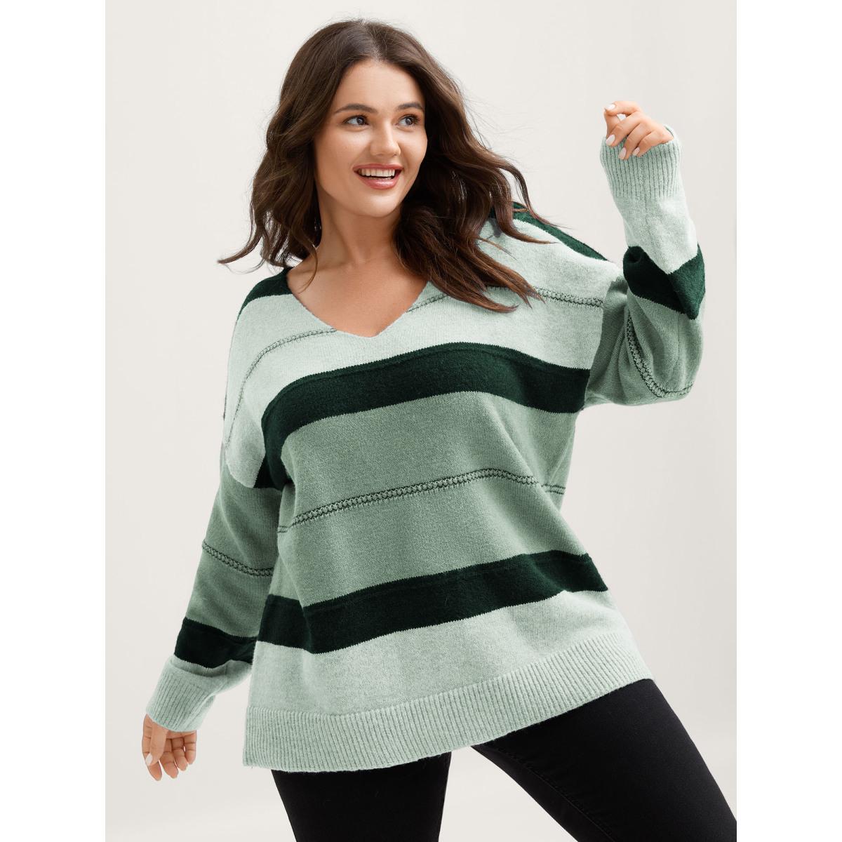 Plus Size Striped Print Color Contrast Pullover Greenbean Women Leisure Loose Long Sleeve V-neck Casual Pullovers BloomChic 12/L Product Image