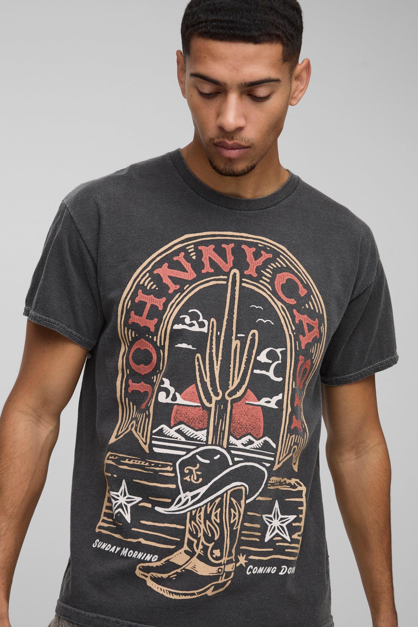Regular Fit Johnny Cash Western License Washed T-Shirt | boohooMAN USA Product Image