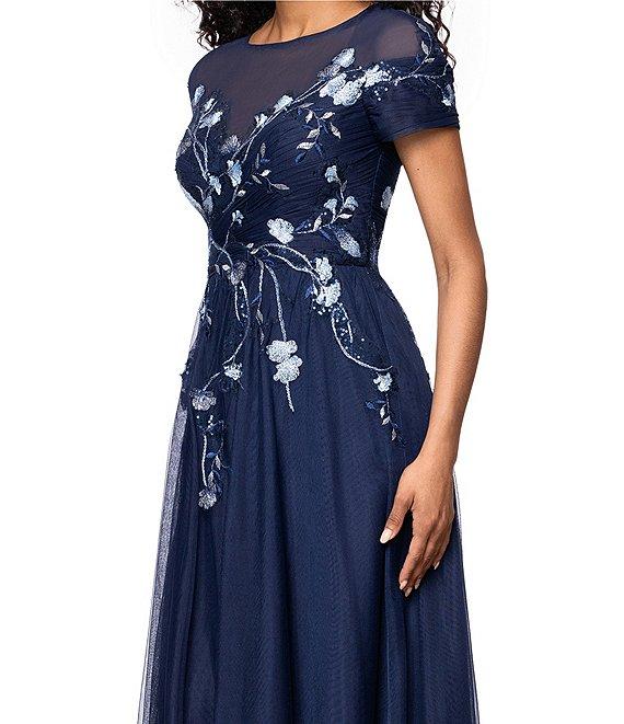 Betsy & Adam Mesh Short Sleeve Floral Sequin Embroidered A-Line Gown Product Image