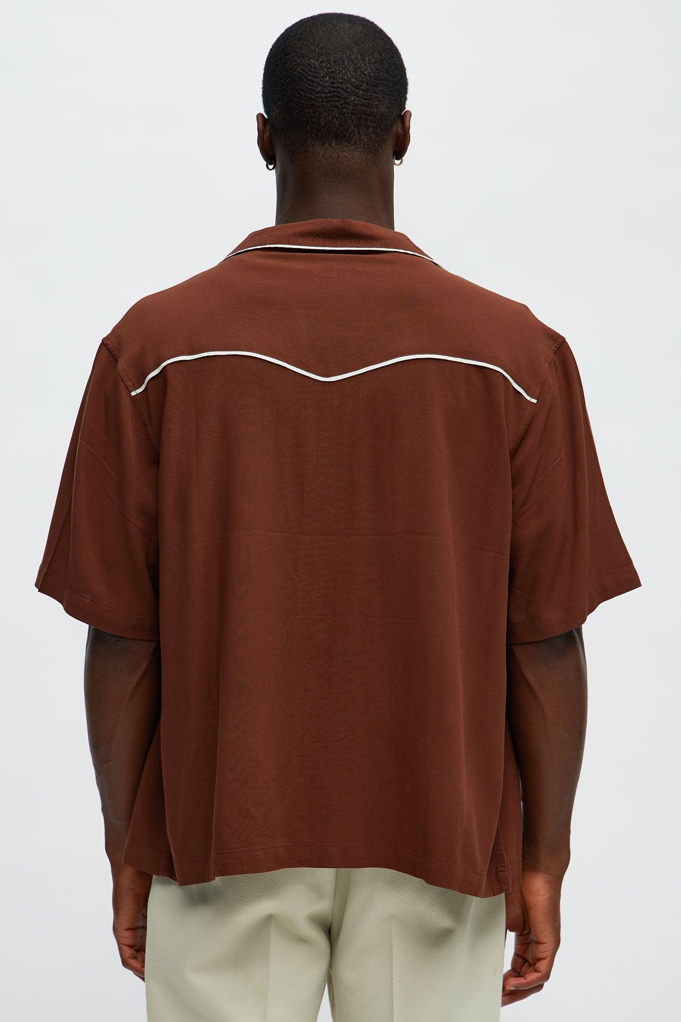 Casual Cropped PJ Style Button Up Shirt - Brown Product Image