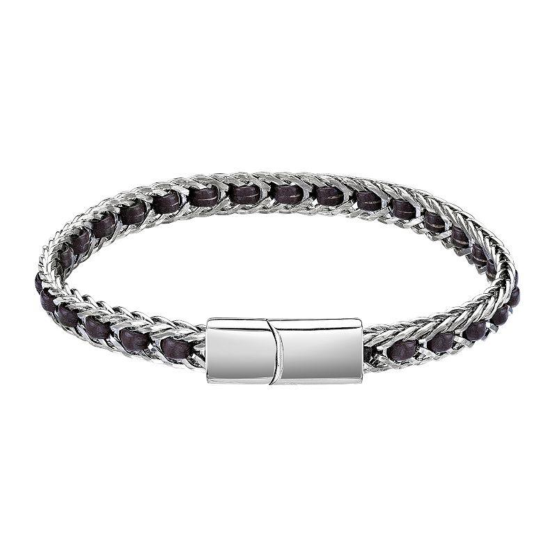 Men's LYNX Stainless Steel & Leather Bracelet, Size: 8.25", Brown Product Image