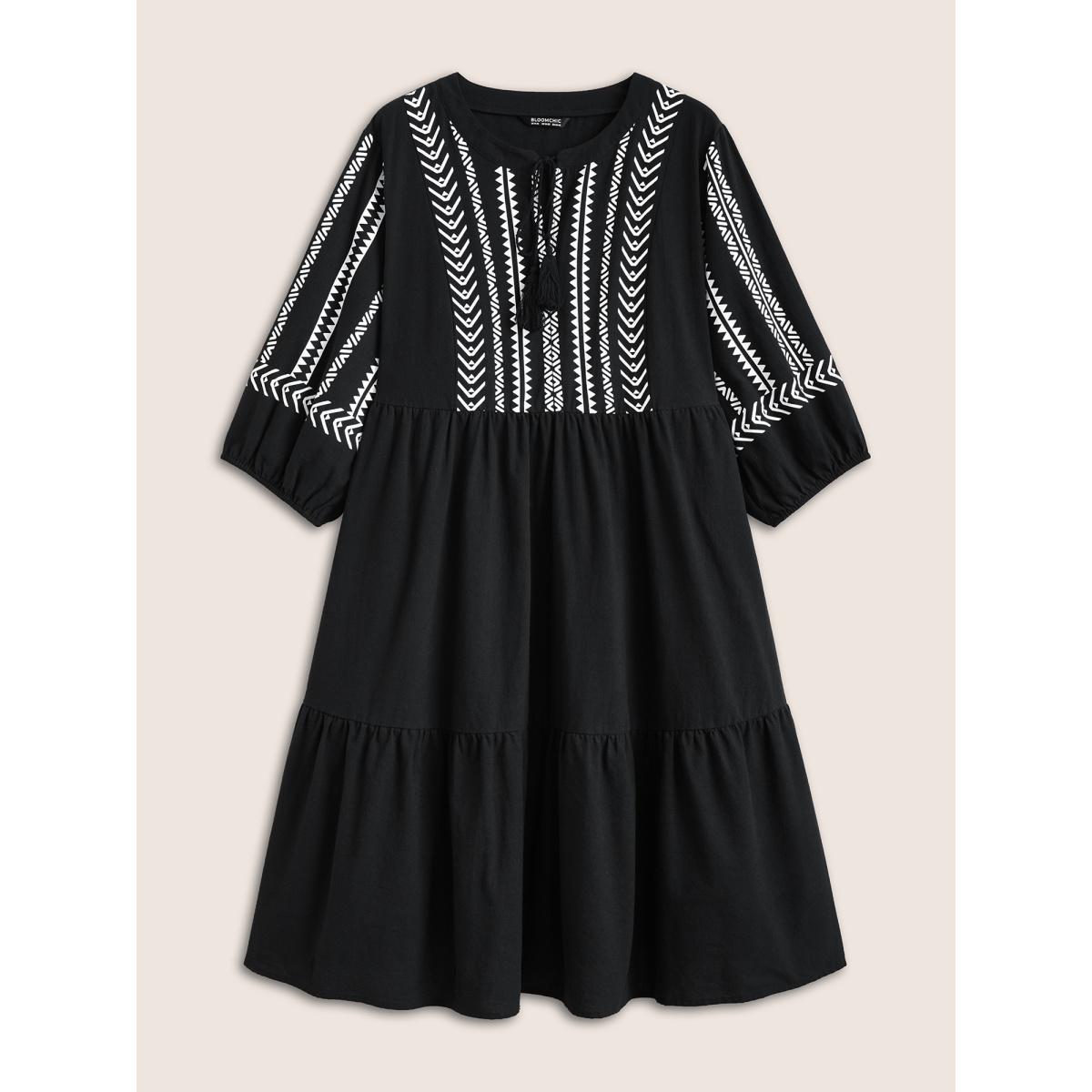 Plus Size Cotton Geometric Bandana Print Tassel Trim Dress Black Women Boho Non V-neck Short sleeve Curvy Knee Dress BloomChic 22-24/3X Product Image