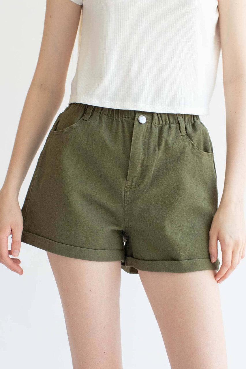 Olive Cuffed Paper Bag Waist Denim Shorts Product Image