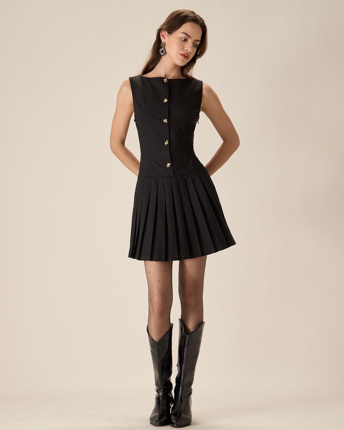 Black Boat Neck Pleated Mini Dress Product Image