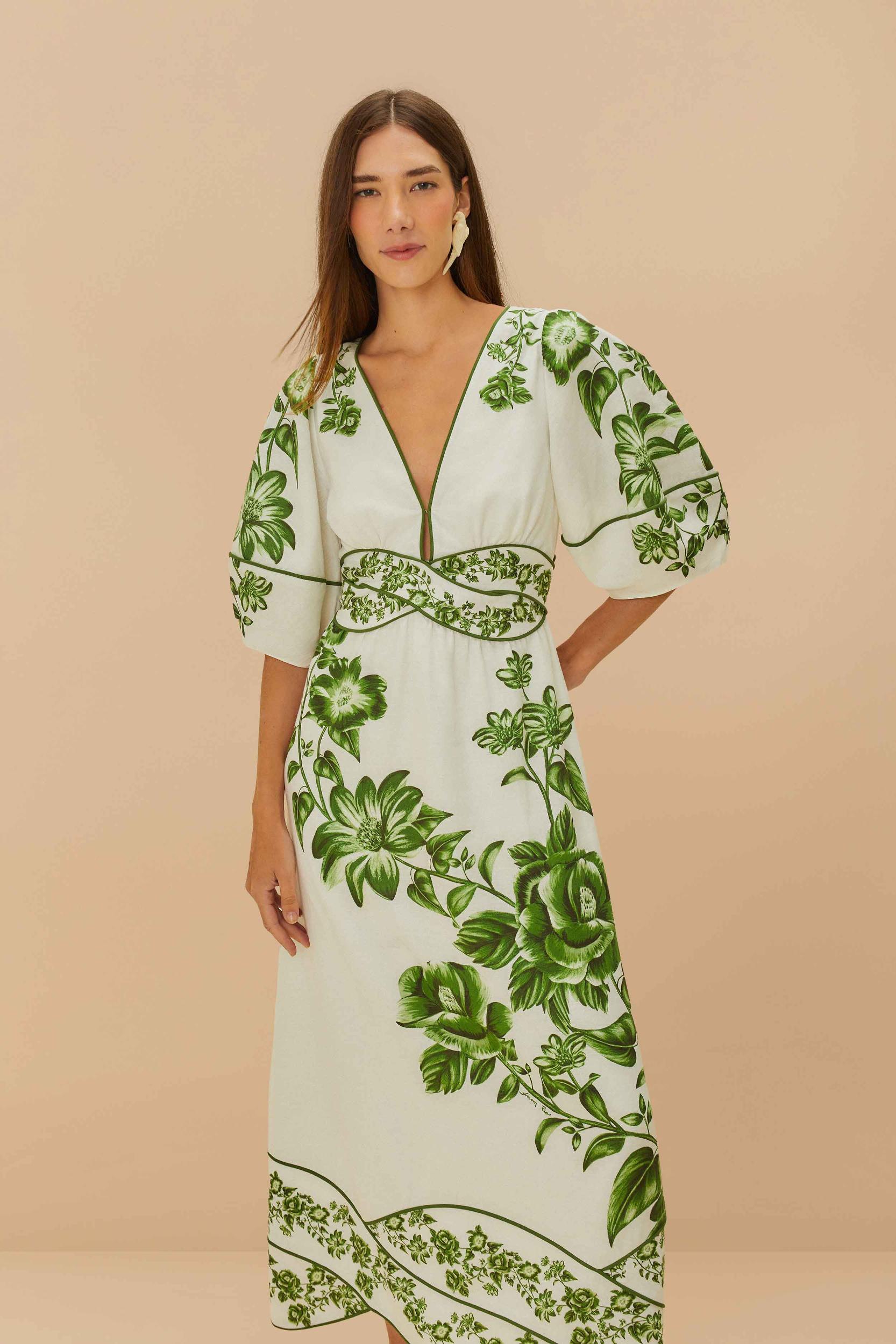 Off-White Green Floral Cascade LENZING™ ECOVERO™ Euroflax™ Midi Dress Product Image