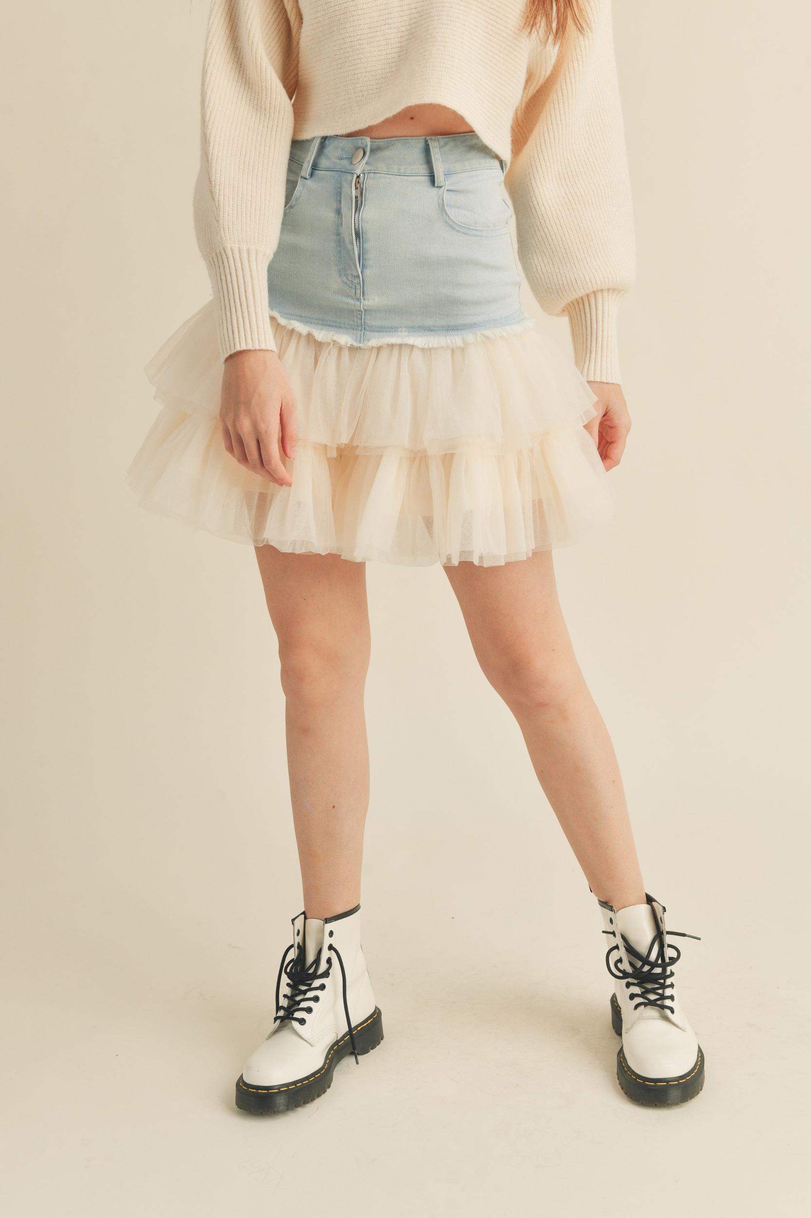 Denim Mini Skirt with Tulle Product Image