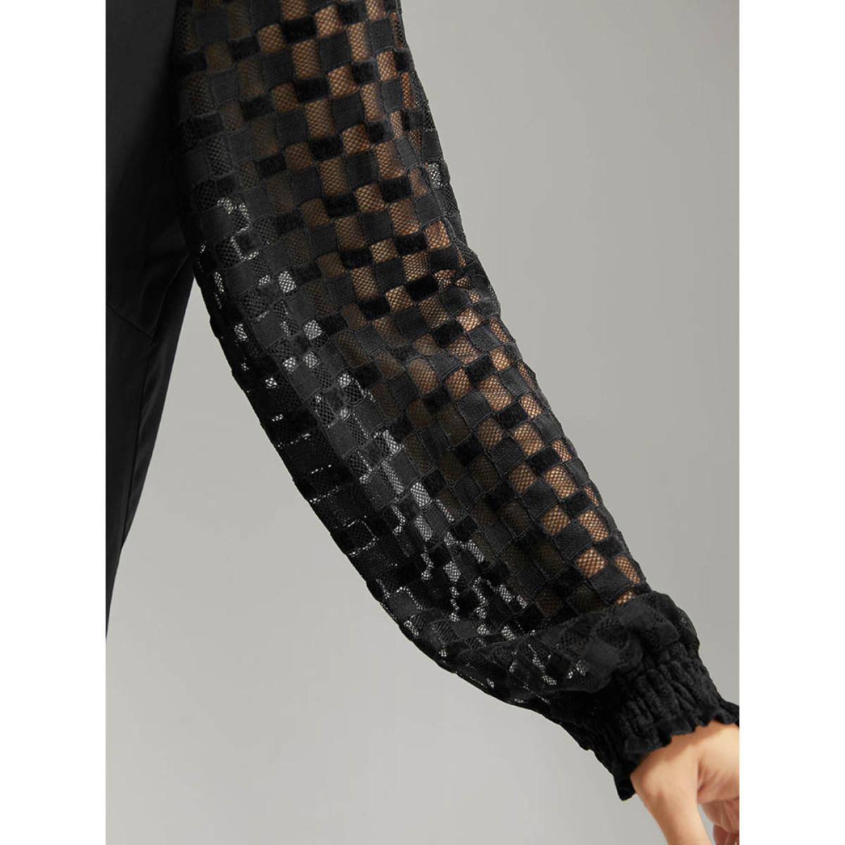 Plus Size Black Lace Panel V Neck Shirred Mesh Blouse Women Glamour Long Sleeve V-neck Going out Blouses BloomChic 30/6X Product Image