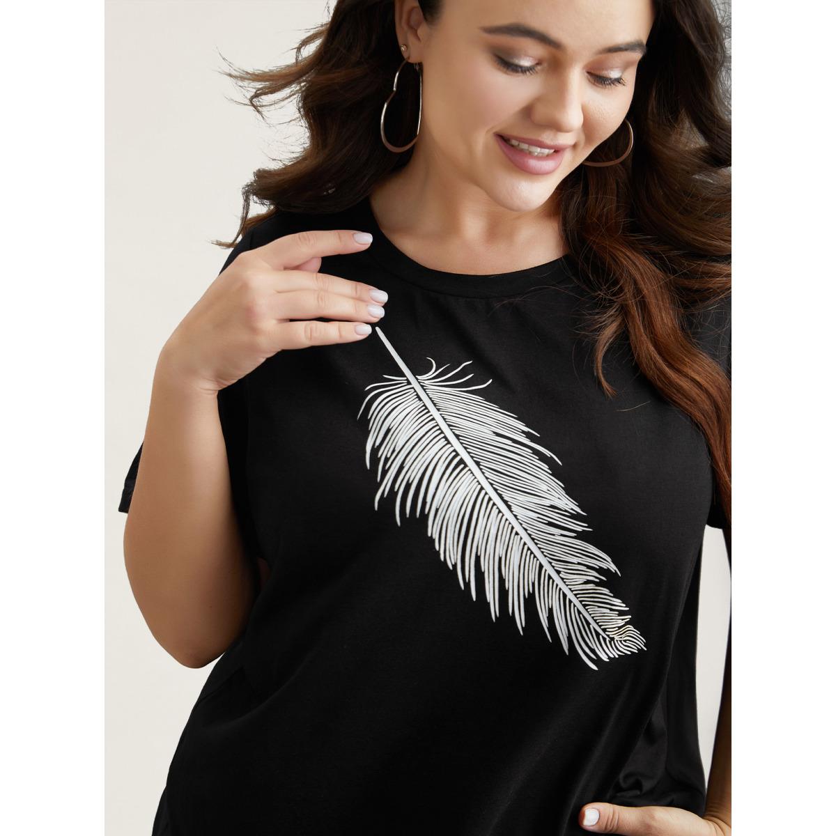 Plus Size Stretchy Feather Print Round Neck T-Shirt Black Women Casual Non Art&design Round Neck Everyday T-shirts BloomChic 22-24/3X Product Image