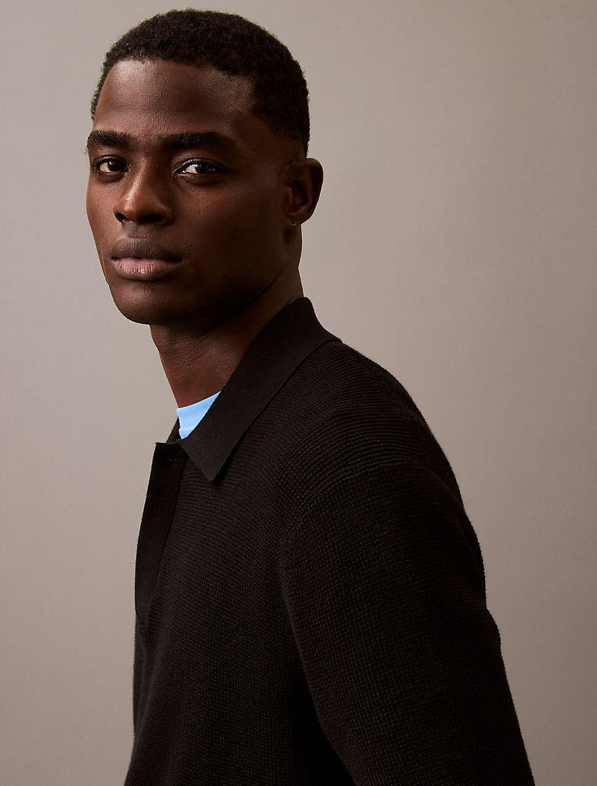 Smooth Cotton Waffle Sweater Polo Shirt Product Image