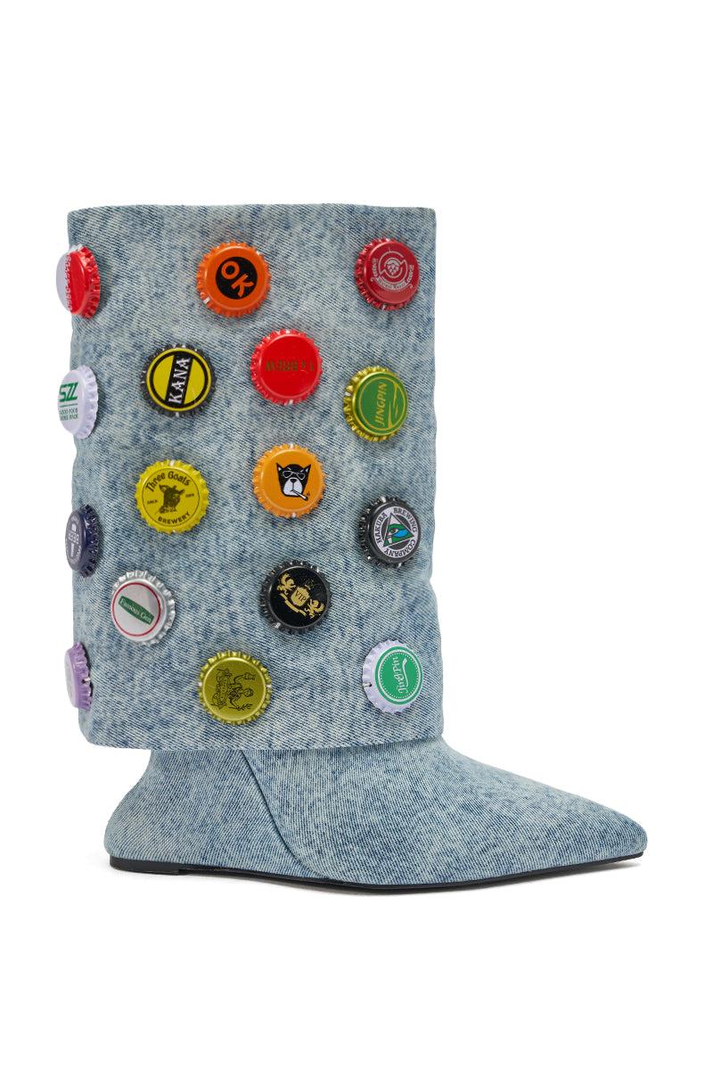 AZALEA WANG EAVEN WEDGE EMBELLISHED DENIM BOOTIE Product Image