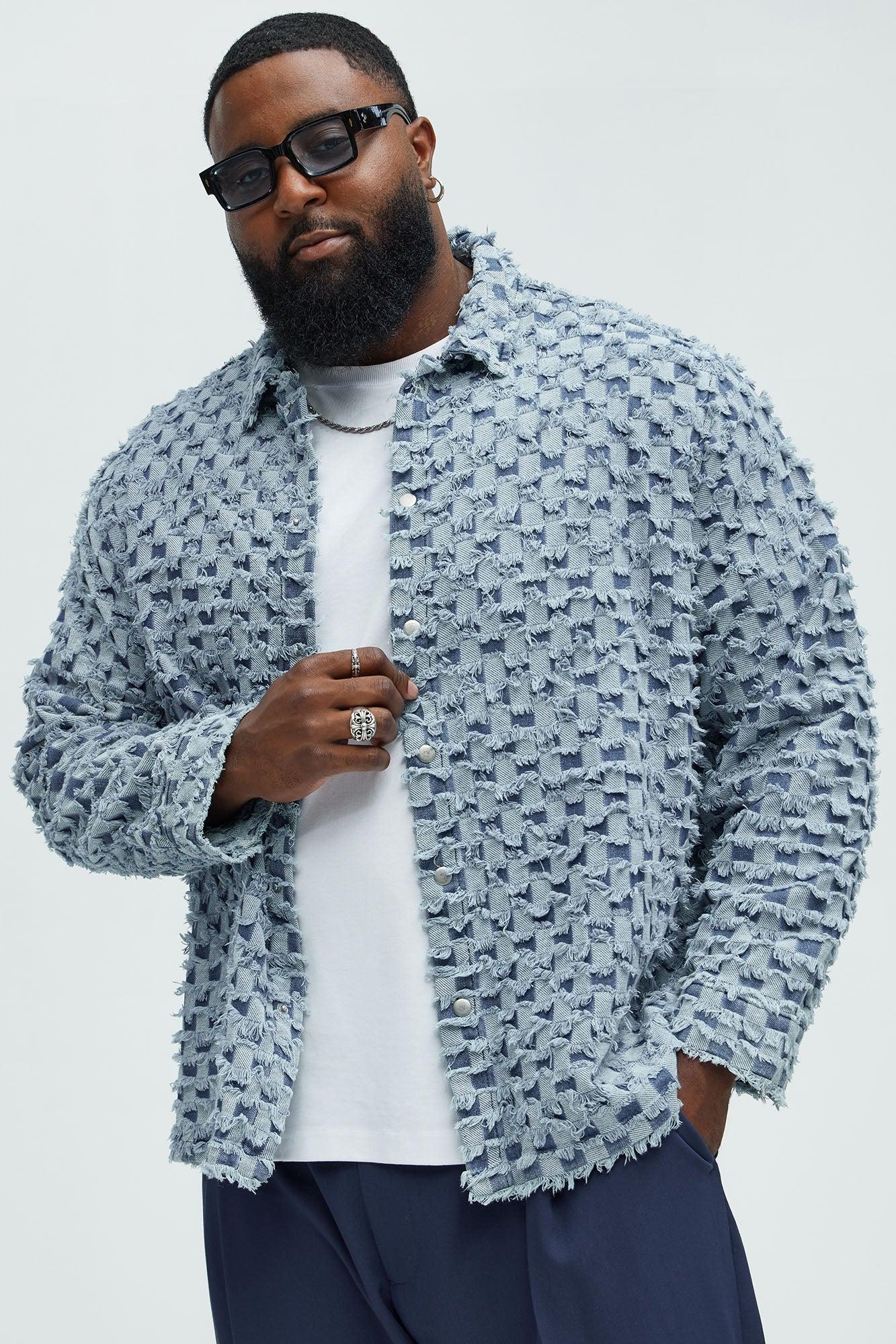 Blame Me Frayed Denim Button Up Shirt - Light Blue Wash Product Image