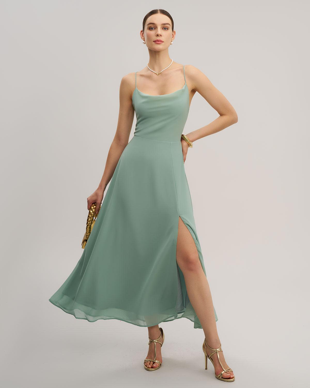 Green A-Line Backless Slip Maxi Dress Product Image