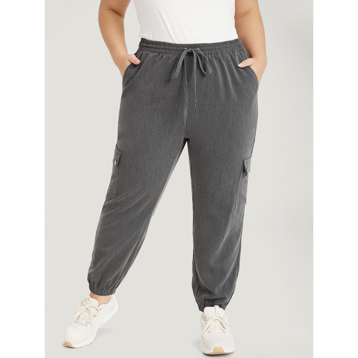 Plain Eyelet Drawstring Flap Pocket Sweatpants DimGray Plus Size Women Casual Dailywear Drawstring 22-24/3X Bloomchic Product Image