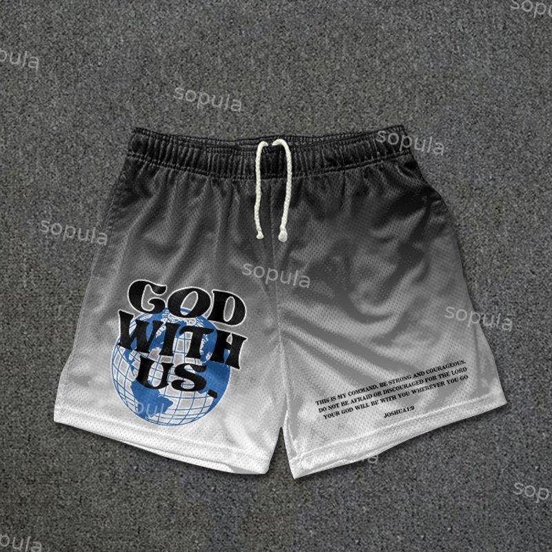 Vintage God With Us Gradient Graphic Casual Street Mesh Shorts Product Image