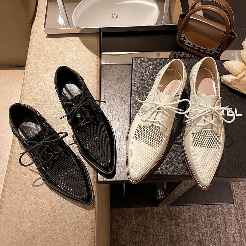 Mesh Panel Chunky Heel Lace-Up Shoes Product Image