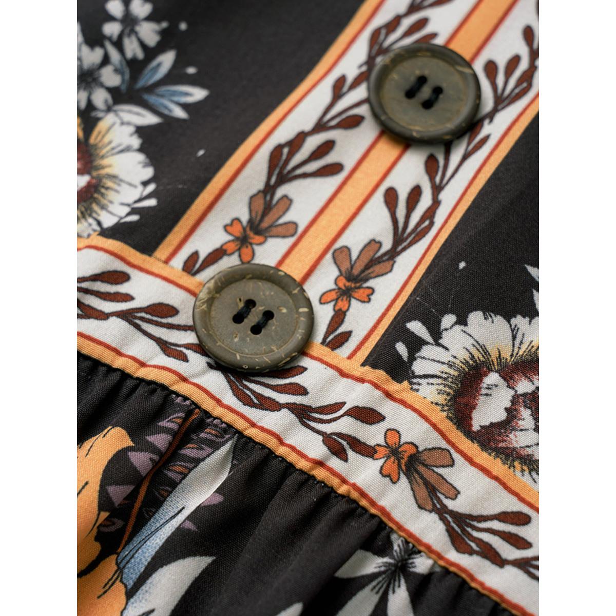 Plus Size Black Boho Print V Neck Button Detail Gathered Blouse Women Vacation Elbow-length sleeve V-neck Vacation Blouses BloomChic 30/6X Product Image
