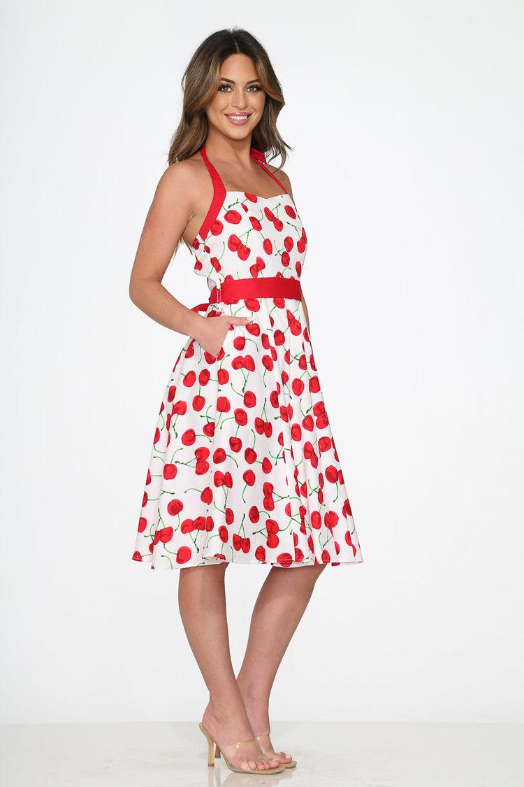 White Red Cherry Halter Swing Dress Product Image