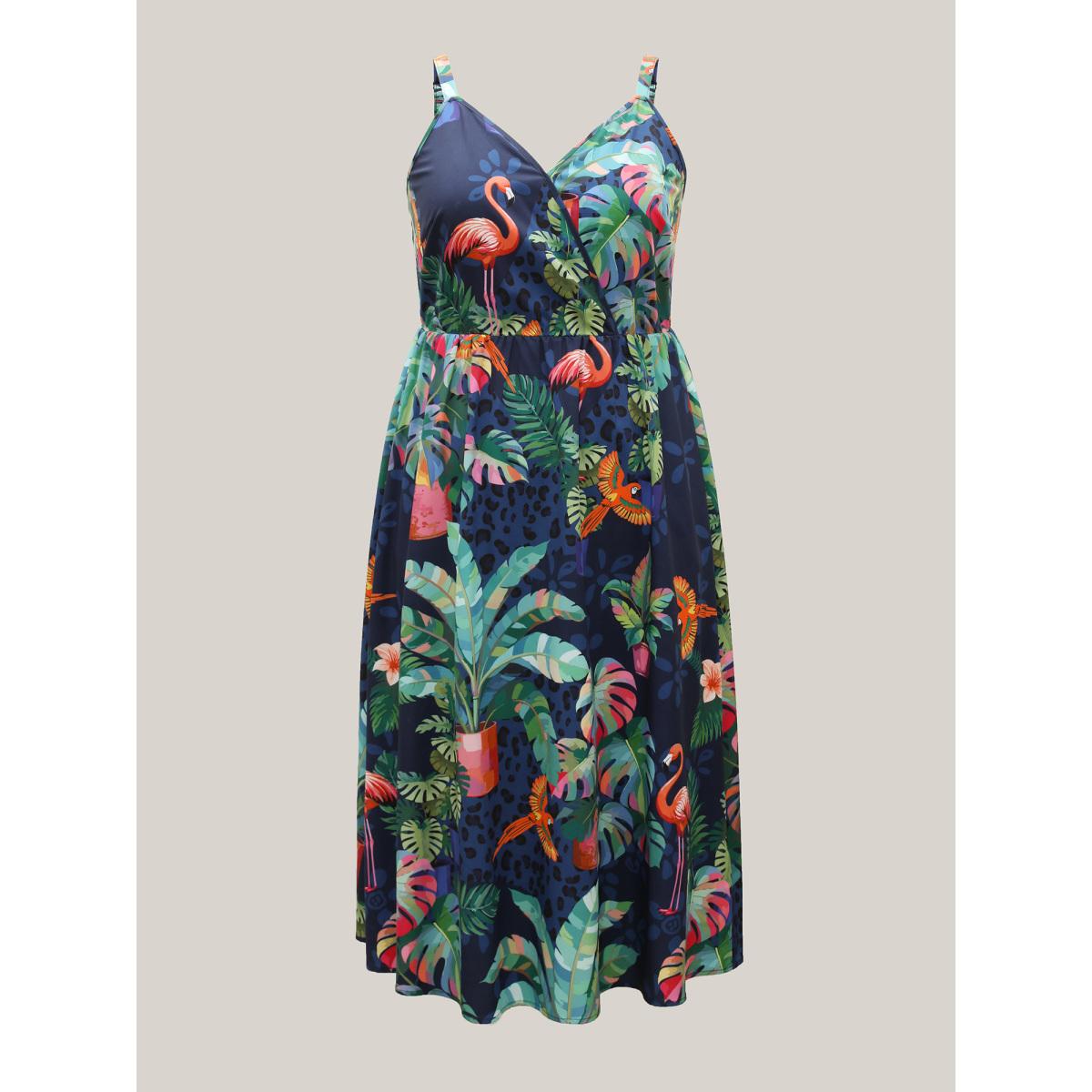 Plus Size Tropical Pattern Surplice Pockets Midi Dress DarkBlue Women Resort Non Overlap Collar Sleeveless Curvy BloomChic 26/4X Product Image