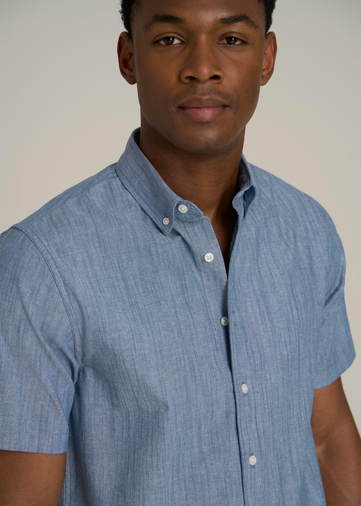 Short Sleeve Stretch Chambray Shirt for Tall Men in Medium Blue Chambray Male Product Image
