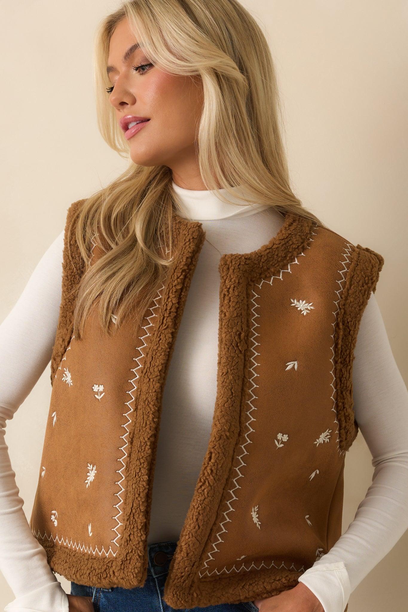 Go Ahead Then Caramel Brown Faux Suede Floral Embroidered Vest Product Image