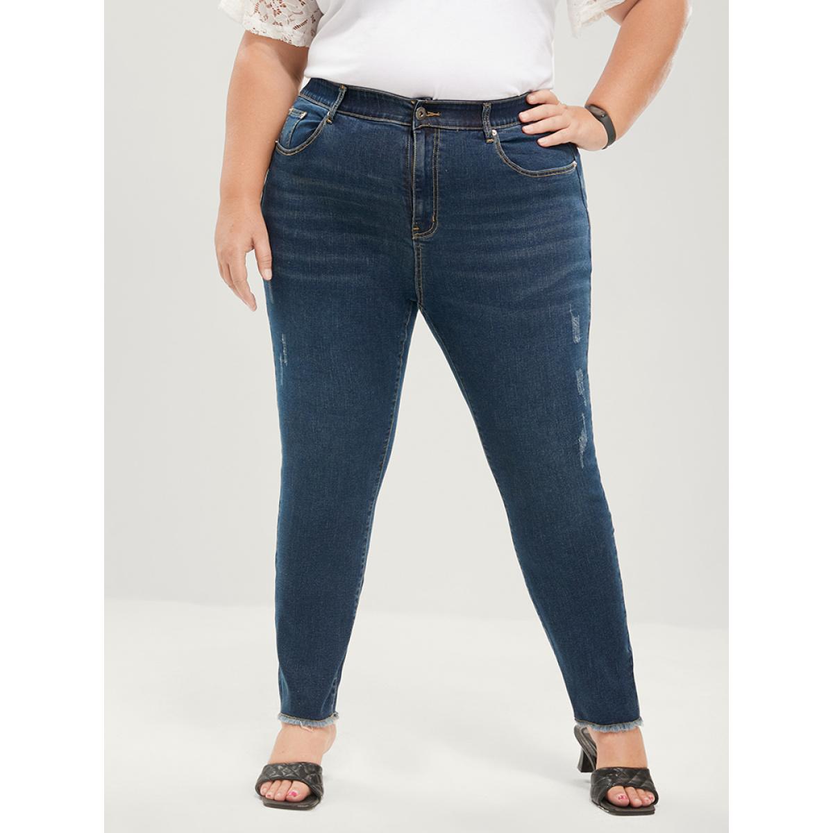 Plus Size Skinny Very Stretchy Mid Rise Dark Wash Gap Proof Jeans Women DarkBlue Casual Plain Tummy control High stretch Pocket Jeans BloomChic 30/6X Product Image