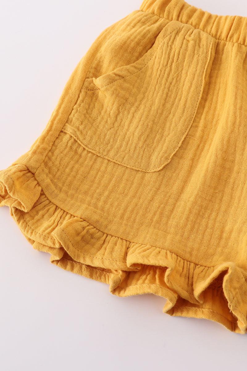 Premium Yellow muslin bow shorts set Product Image