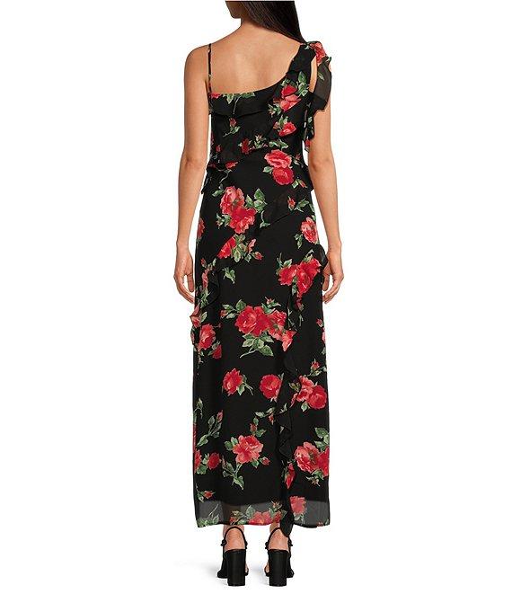 WAYF Floral Draped Ruffle V Neck Sleeveless Maxi Dress Product Image