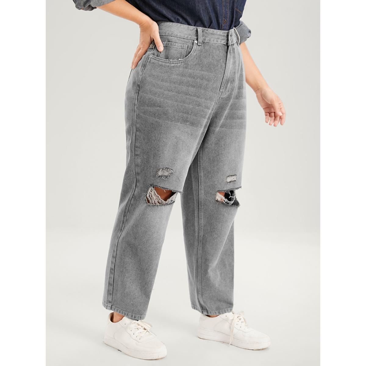 Plus Size Boyfriend Wide Leg Non Stretchy High Rise Medium Wash Jeans Women LightGray Casual Plain No stretch Pocket Jeans BloomChic 24/3X Product Image