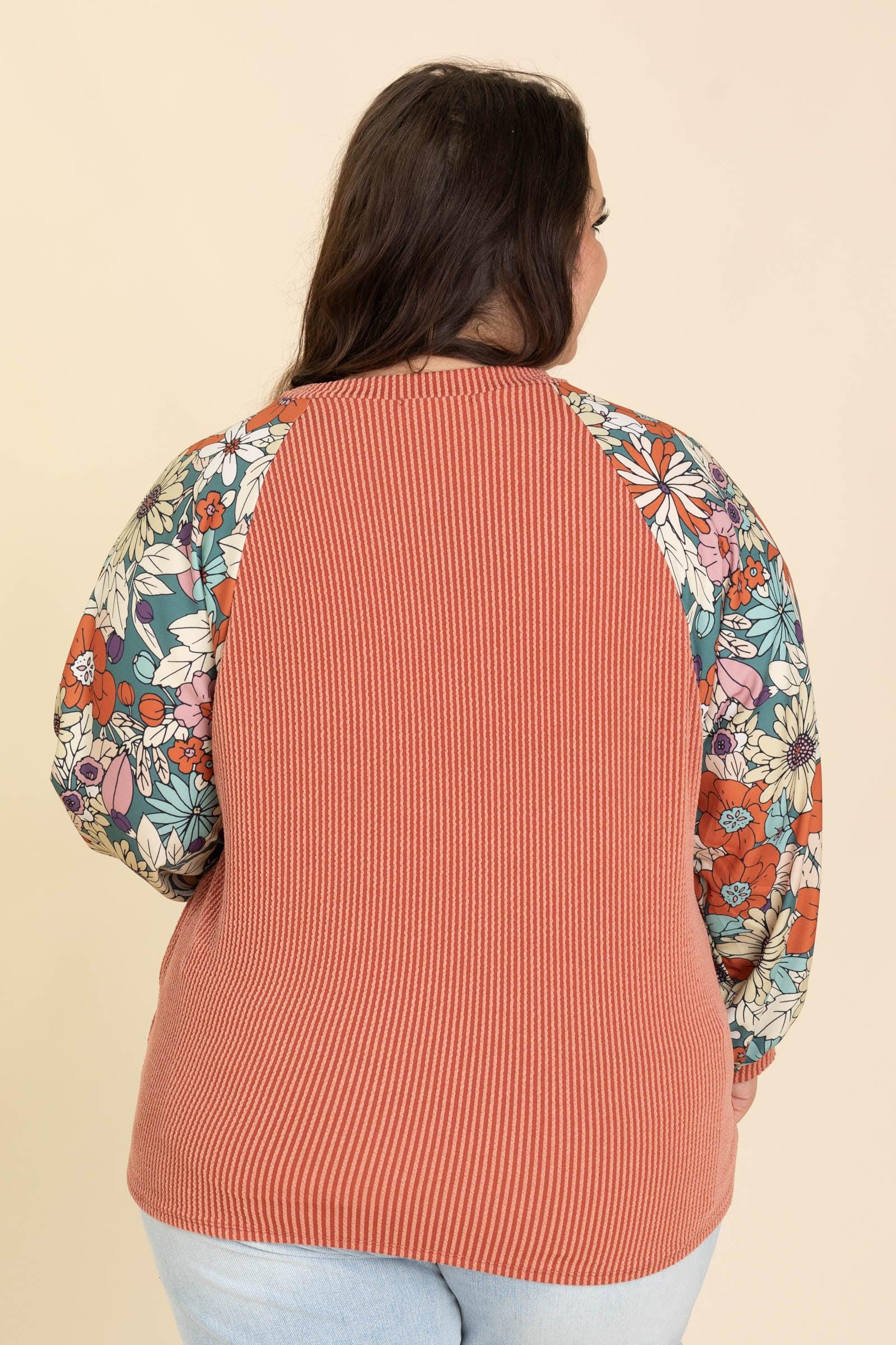 Ribbed Knit Tops With Floral Long Sleeves Product Image