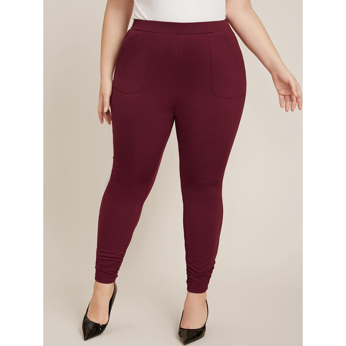 Plus Size Plain Pocket Elastic Waist Ruched Hem Skinny Pants Women Scarlet Office Skinny High Rise Work Pants BloomChic 18-20/2X Product Image