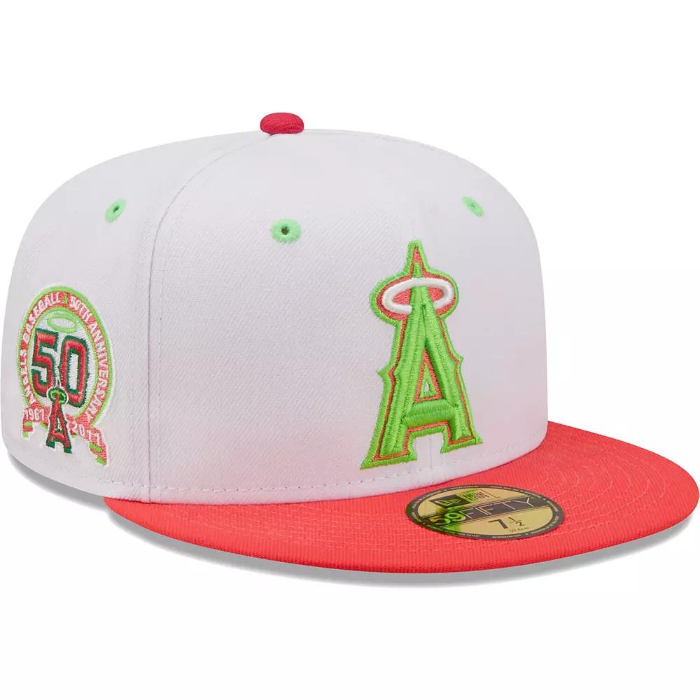 Men's New Era White/Coral Los Angeles Angels 50th Anniversary Strawberry Lolli 59FIFTY Fitted Hat, Size: 7 3/4 Product Image