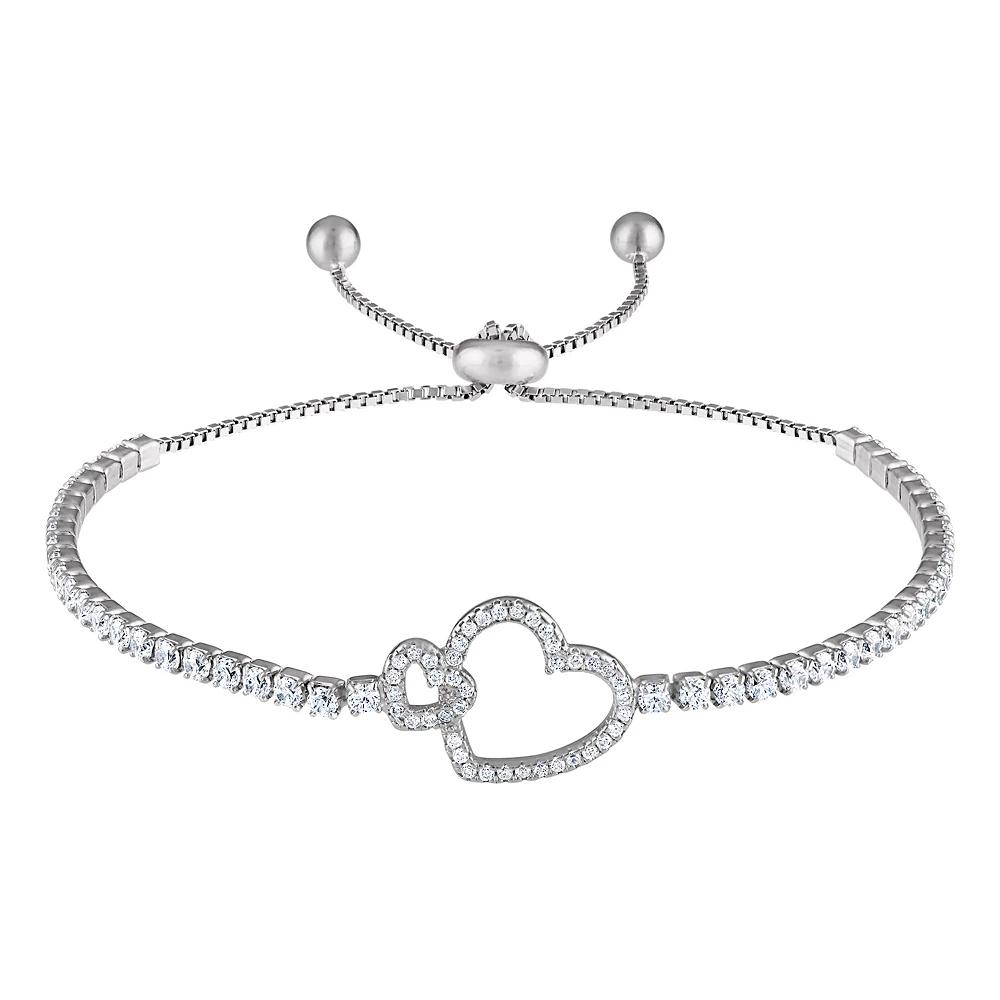 Sterling Silver Cubic Zirconia Double Heart Bolo Bracelet, Women's Product Image